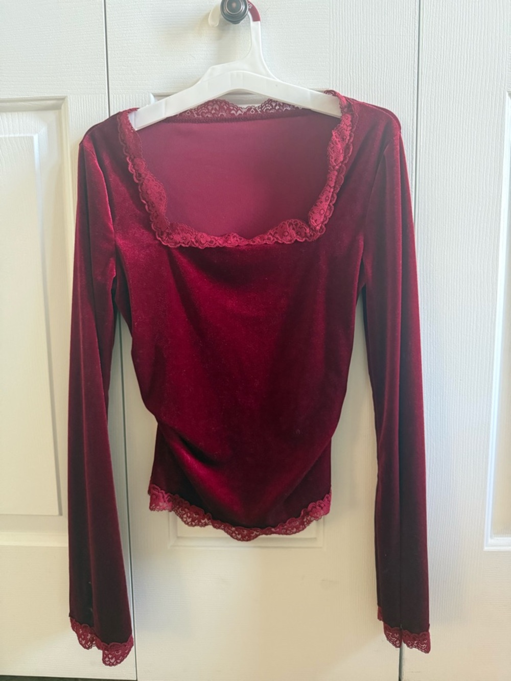 Velvet Lace Trim Long Sleeve Top - Dark Red Small